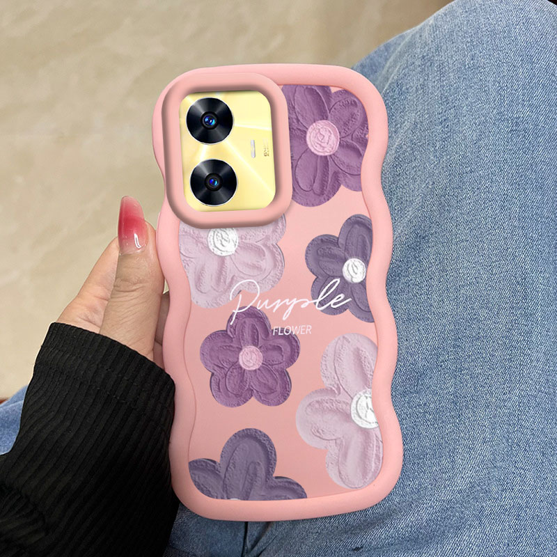 Realme C55 ピンクと紫の花柄ケース 柔軟性があり、 - Realme Note 50 のレビューと価格